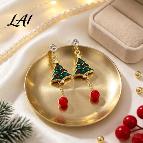 Gold Tone Enamel Earrings 1 Pair Women Colorful for Christmas Tree Rhinestone Shaped Decorative Seasonal