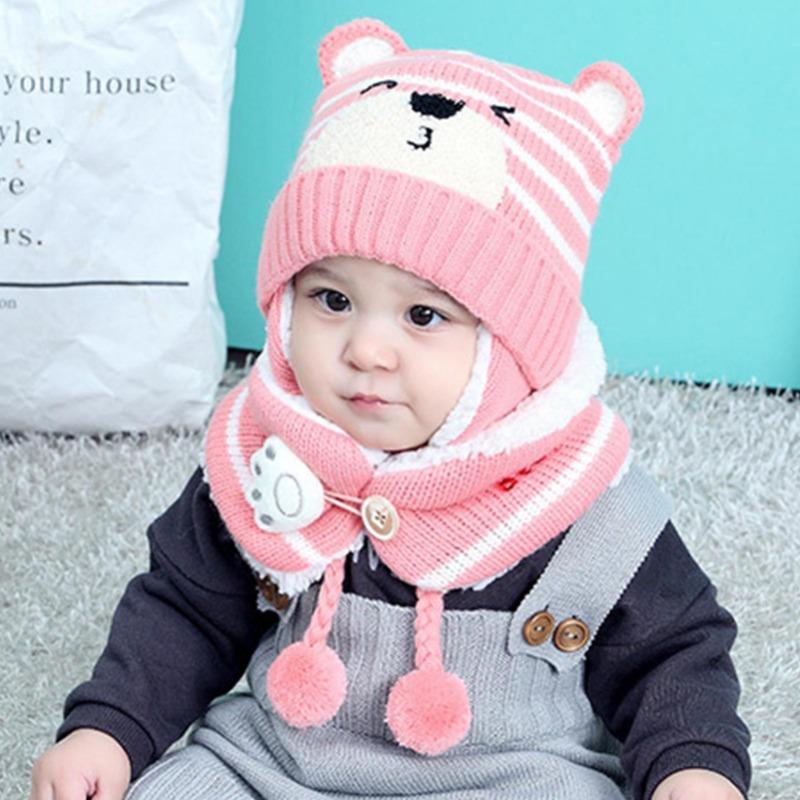 Winter Kids Baby Girls Boys Cartoon Bear Stripe Knit Hat Cap Woolen Yarn Scarf  Hat Keep Warm Set For Outdoor