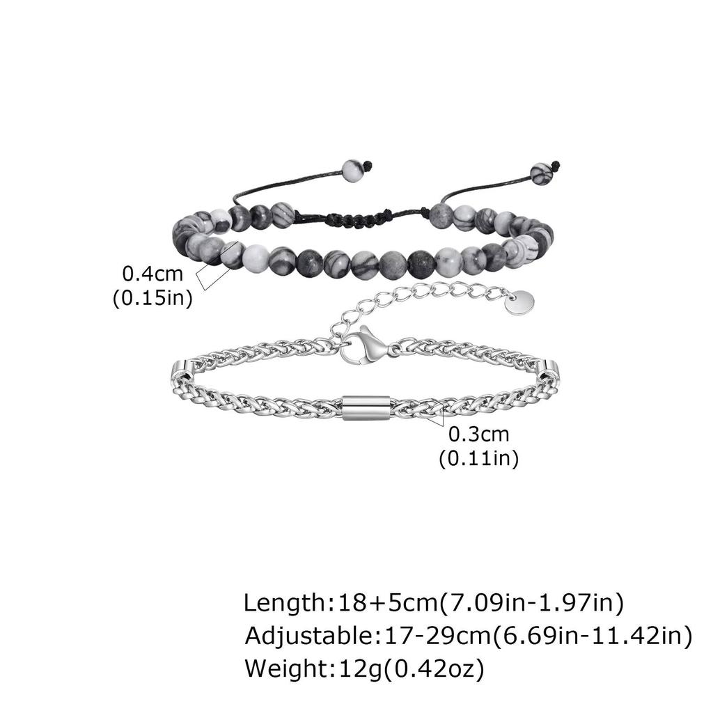 Vnox 2pcs/Set Adjustable Natural Stone Beads Bracelet for Men, Stainless Steel Chain Bracelets and Beads Bracelet Jewelry Set
