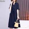 ZANZEA Women Casual Turn Down Collar Loose Short Sleeve Drawstring Dress