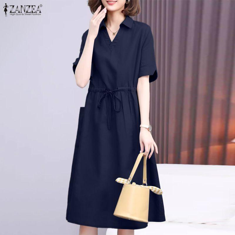 ZANZEA Women Casual Turn Down Collar Loose Short Sleeve Drawstring Dress