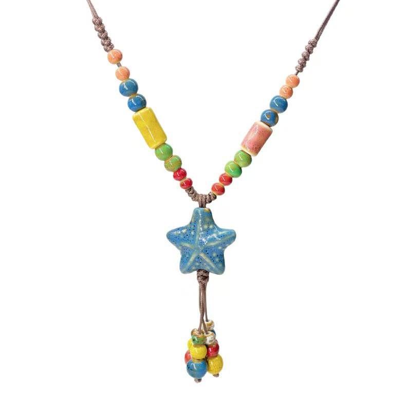 Colier de vară ceramic colorat cu mărgele în formă de stea de mare, lung, cu frânghie împletită, accesoriu