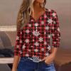 Women's Casual Christmas Print V Neck Button Up 3/4 Sleeve T Shirt Top