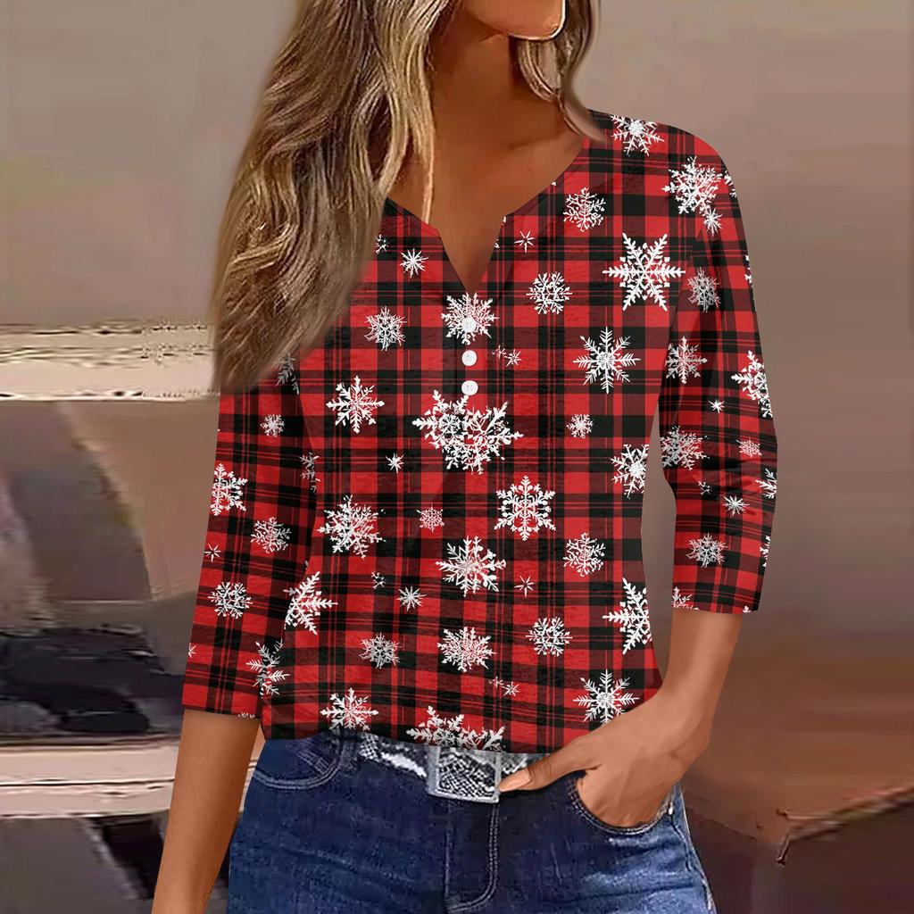 Women's Casual Christmas Print V Neck Button Up 3/4 Sleeve T Shirt Top