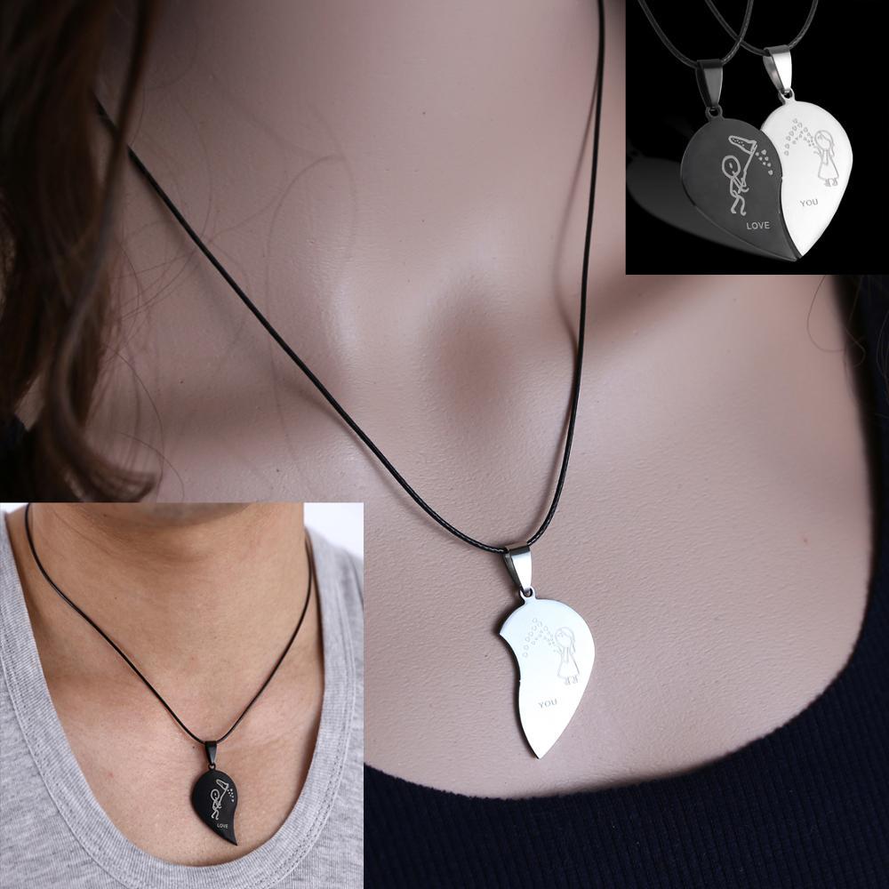 Couples Jewelry Broken Heart Necklaces Black Couple Necklace Stainless Steel Engraved Love You Pendants Necklace Valentine's Day