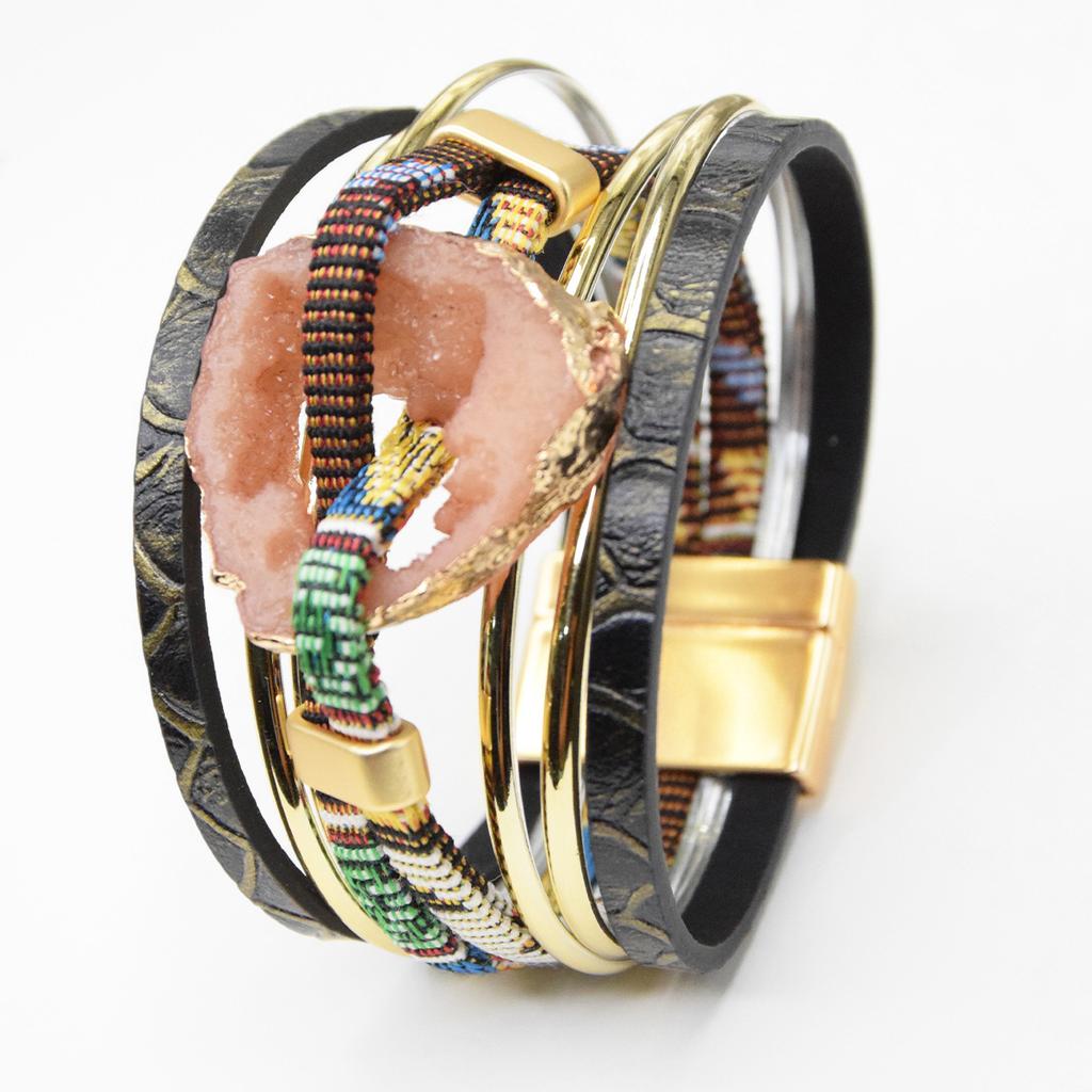 Multi Layer Geometric Hollow Bangle PU Leather Ethnic Style Woman Versatile Bangle Jewelry Accessory