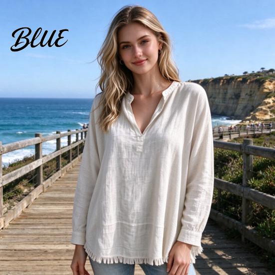 Layered Blouse Women Loose Fit V-Neck Blouse Solid Color Long Sleeve Tassel Hem Daily Wear Shirt Casual Fringe Trim Tops for Business Commuting