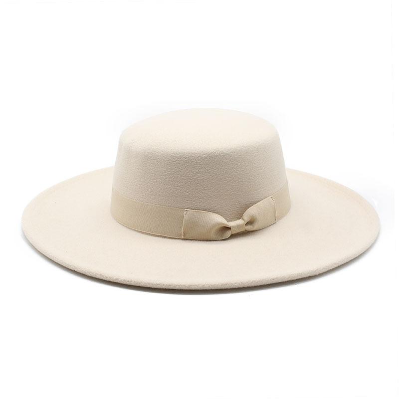 Retro British Style Bow Flat Top Top Top Hat Couple Men And Women Gentleman'S Hat Women'S Large Flat Brim Woolen Thermal Hat