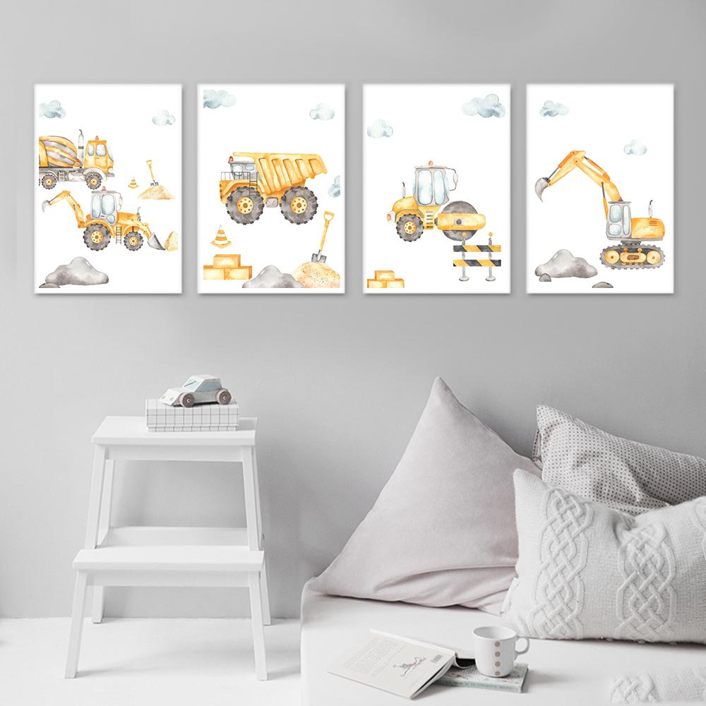 Cartoon Excavator Truck Tipper Wheel Loader Art Canvas Painting Nursery Print Child Posters Nordic Wall Pictures Boys Room Decor