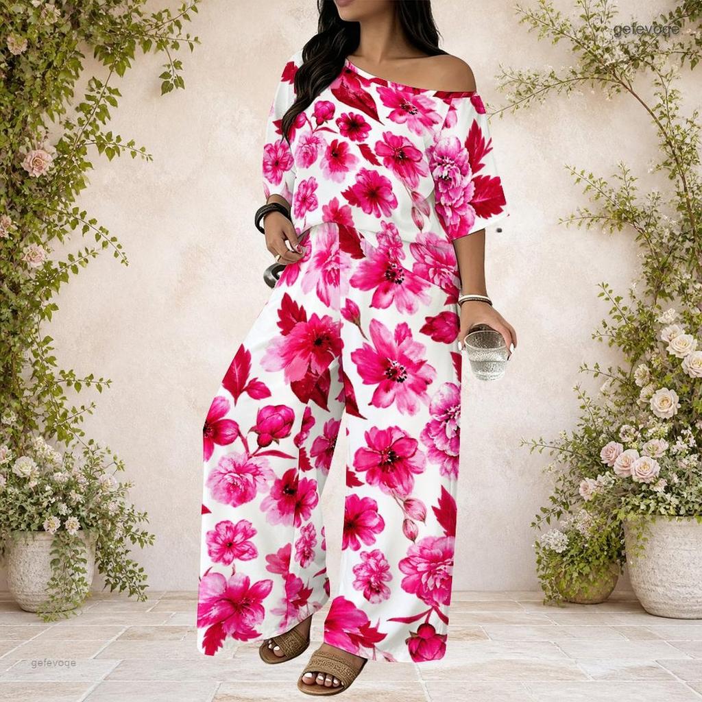 Women Plus Size Two Piece Suit Batwing Sleeve Top Loose Long Pants