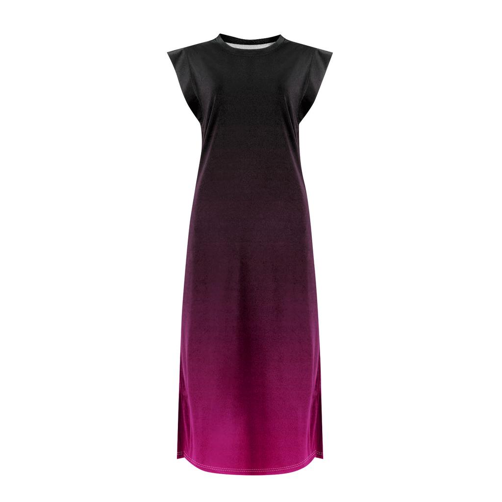 Sommerkleider für Damen, Rundhalsausschnitt, lässig, lockerer Druck, geteilt, faltenfrei, langes Maxi-Strandkleid mit Taschen