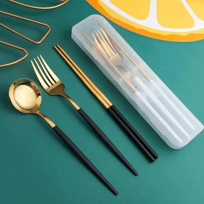 New Spoon Fork Chopsticks Set Storage Box Tableware Coffee Snack Fruit Dessert Portable Spoon Fork Chopstick Set Stainless Steel