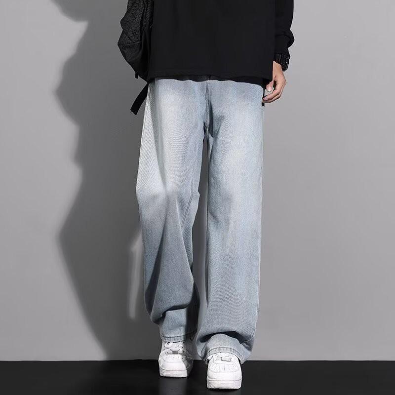 Mens Vintage Washed Straight Fit Denim Jeans Loose Wide Leg Casual Streetwear Trousers