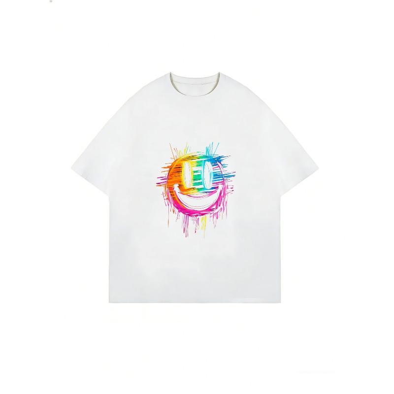 Crew Neck T Shirt White Rainbow Smile Face Print Casual Wear For Women Summer Outfits Street Style Fashion Top