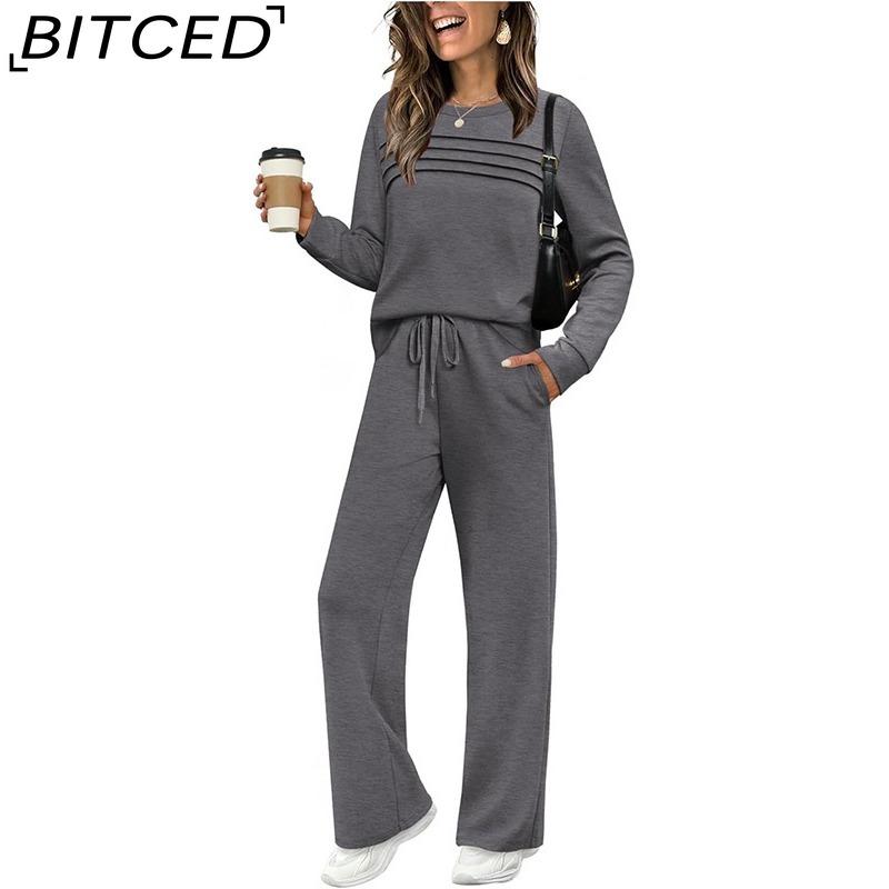 Autumn Ladies' Set: Long-Sleeved O-Neck Sweatshirt with Casual Elasticated Waist Trousers and Wide-Leg Pants