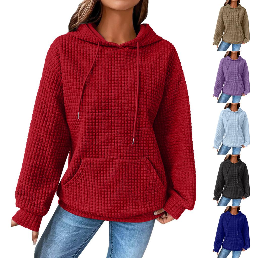 Women's Fashion Loose Hooded Pullover Long Sleeve Patchwork Plaid Sweat Drawstring Shoulder Strap Pocket Top