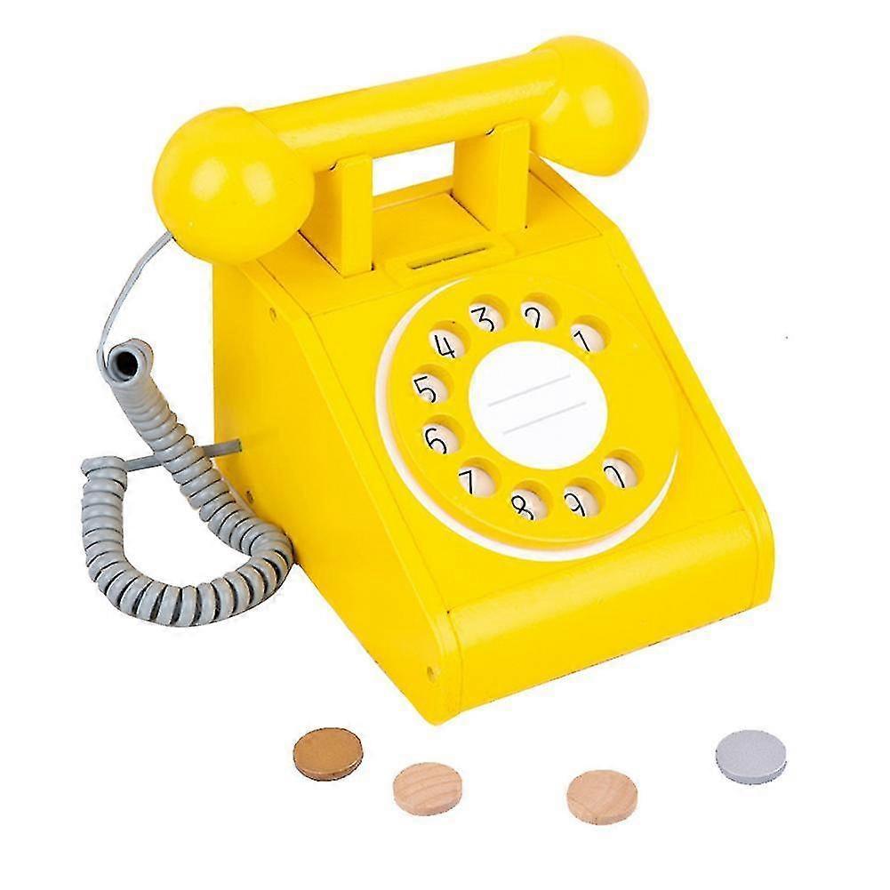 Kid Wooden Dial Telephone Toy Simulation Play House Telephone Retro Rotary Dial Telephone Toy With Four Simulation Coins