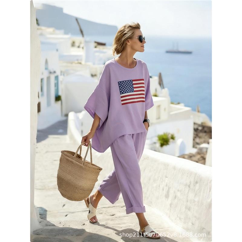 Women's casual two-piece set, loose vacation bohemian style independent sun rainbow print casual set for women