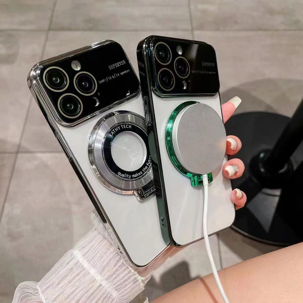 Applicable To Apple 14 Electroplated Large Window Magnetic Suction Bracket Mobile Phone Case IPhone 15 Pro Leak-proof Cover