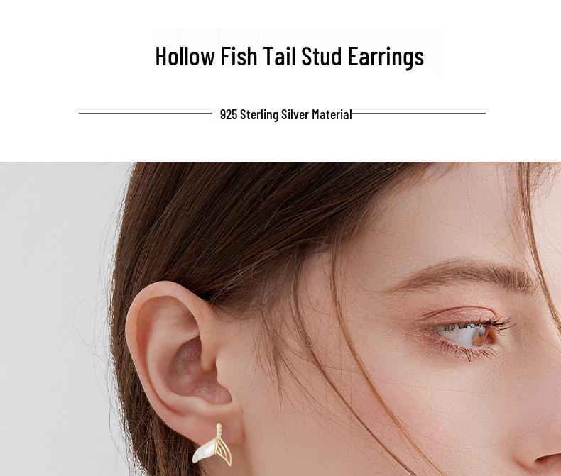 S925 Sterling Silver Gold Hollow Fish Tail Stud Earrings - Korean Style High-End Luxury for Women