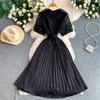 French gentle wind atmospheric elegant lace hollow round neck dress women's summer waist thin pleated dress