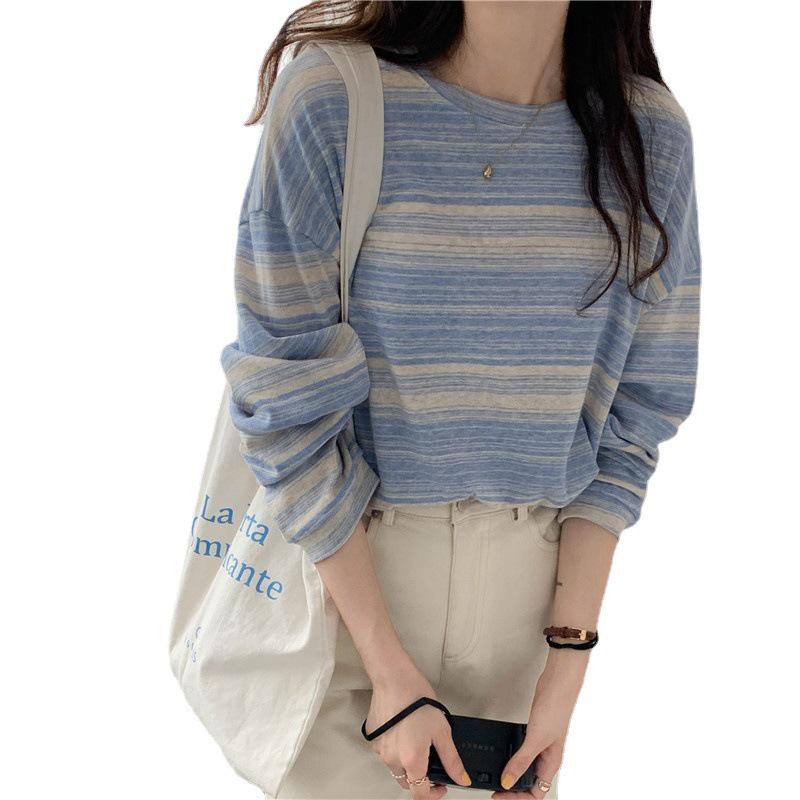 2025 College Style Striped Long-Sleeve Korean Round Neck Loose T-Shirt for Women