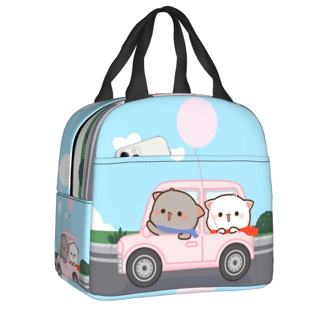 Peach and Goma Insulated Lunch Bags for Work School Picnic Cartoon Mochi Cat Leakproof Cooler Thermal Lunch Box for Women Kids