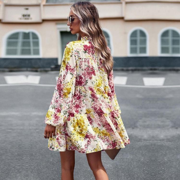 Floral Printed Casual Dress for Women Loose Fit O Neck All Match Long Sleeve