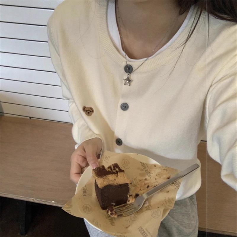 Solid color lazy wind embroidered bear sweater women's retro soft waxy long-sleeved knitted cardigan top