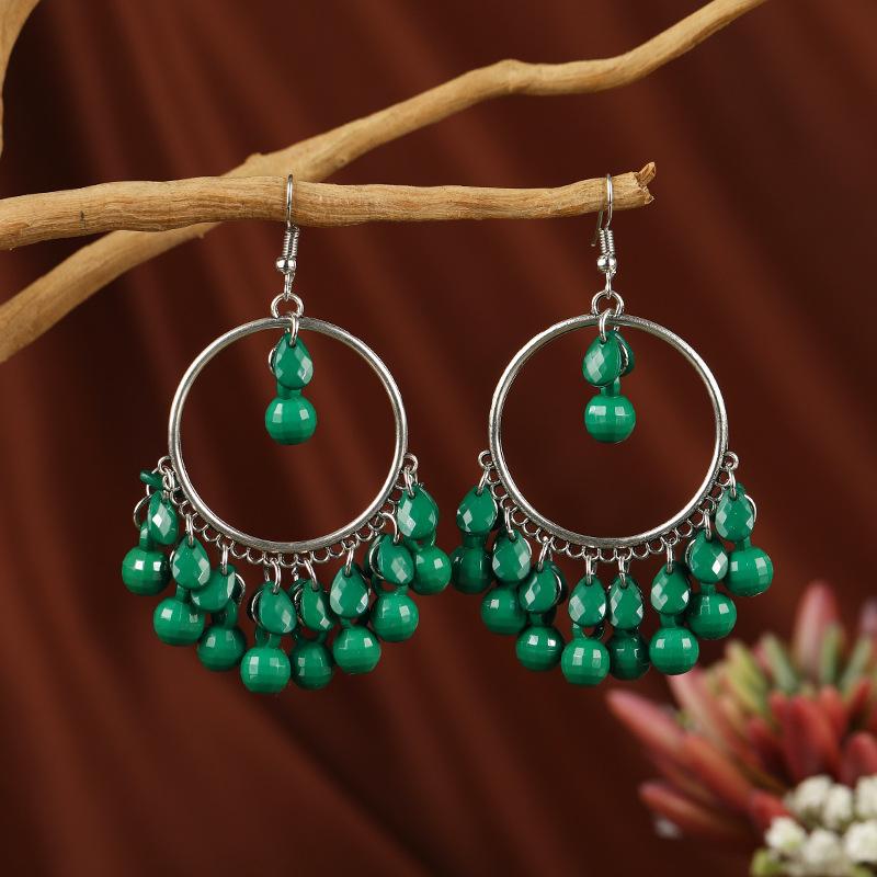 

Ethnic style fringed earrings women s retro Hong Kong style long temperament earrings Bohemian personality dance earrings темно-зелений колір