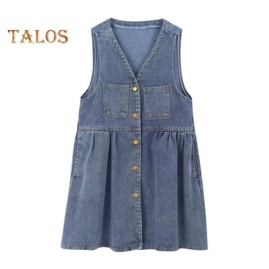 

Летнее джинсовое платье с V-образным вырезом А-силуэта, большой подол, однотонные карманы без рукавов, однобортный кардиган, плиссированное лоскутное мини-платье, повседневная одежда, короткое для вечеринки S синий