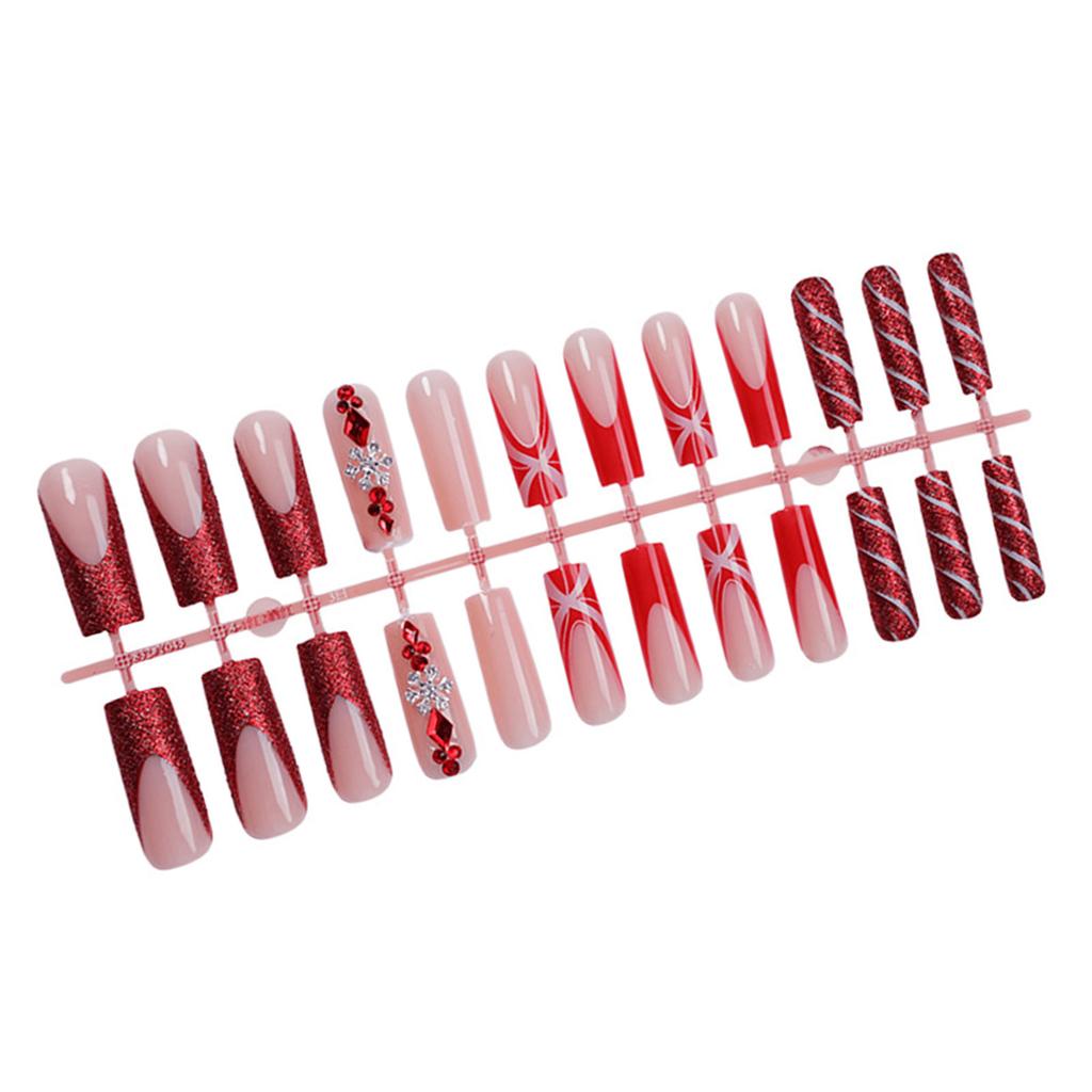 24pcs Christmas Press on Nail Square False Nail Long Acrylic Nail French Tip Winter Artificial Nail for Hliday Parties