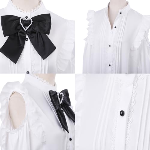 SUNNYSTEP Women's Lolita Top, Long Sleeves, Heart Print, Off-the-Shoulder, Ribbon, Sickly Cute, Pink, Black, White, Bow Tie, Lace, Ruffles, Mass-Produ