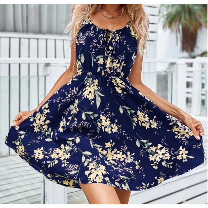 Women's Summer Floral Print Spaghetti Strap Mini Dress Tie Front Elastic Waist Sleeveless Casual Beach Sundress