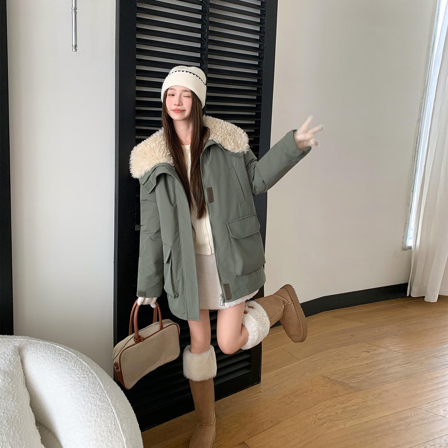 

Хлопковая одежда Женская средней длины и длинная Флисовая куртка из овечьей шерсти Пирог для преодоления взрыва куртки XL зелёный