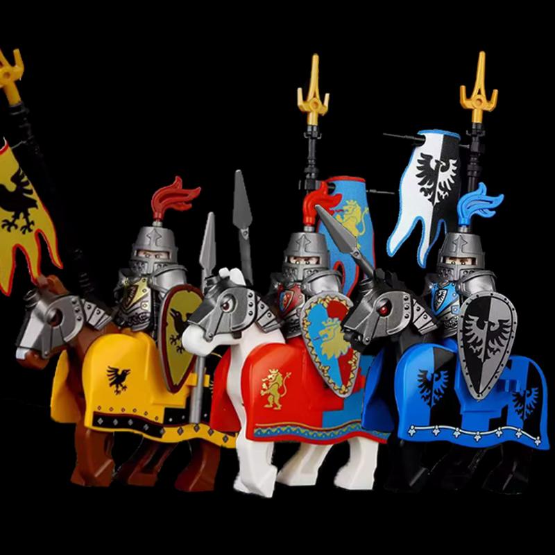 MOC Medieval Knight Castle Figures Building Blocks Weapon Wolf Swordsmen Guard Bow Arrow Shield Flags Warhorse Toys Gifts S002