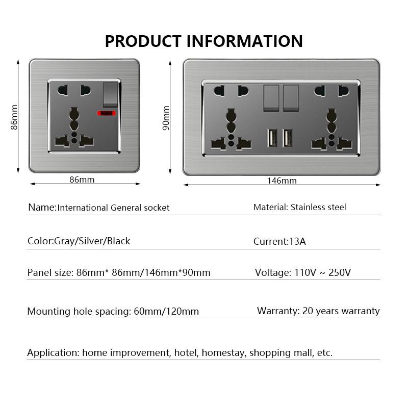 18W Type-C Fast Charging Universal 5-pin Dual Power Socket,Stainless Steel  Electrical Outlet with DC 5V 3.1A Type-c USB Charger