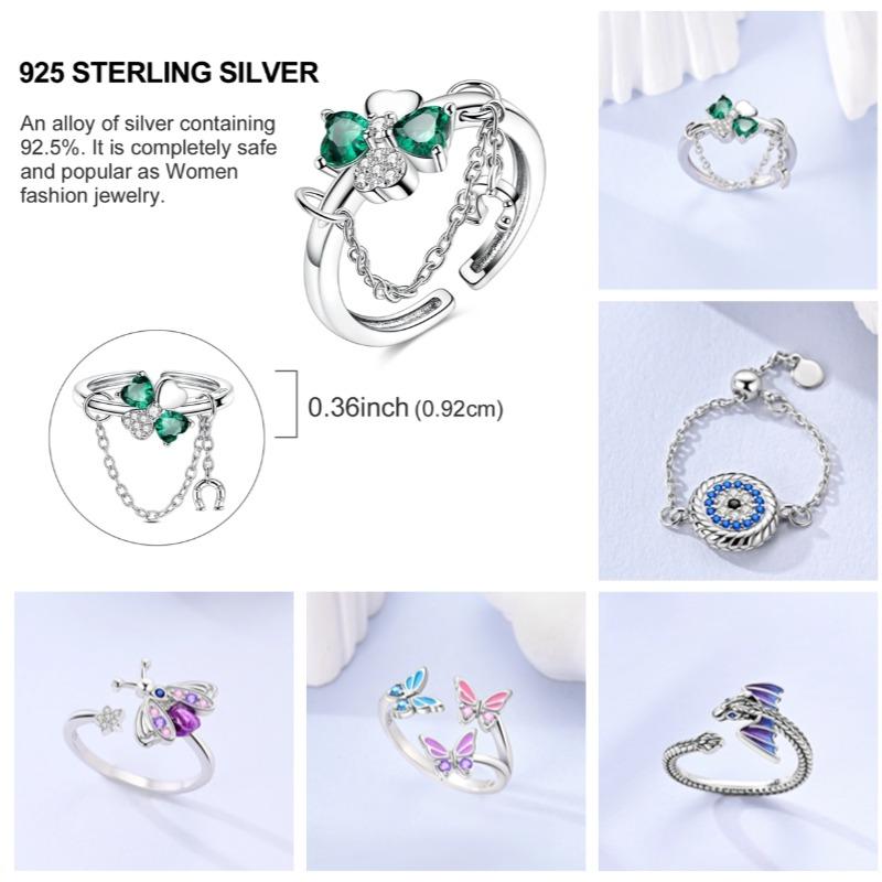 Free Size Ring For Women S925 Silver Original Blue Eyes Dragon Bee Shell Cherry Adjustable Rings Clover Chain Open Ring Jewelry