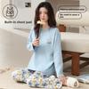 Women Pajama Set with Built in Chest Pads Crew Neck Long Sleeve Top & Pants Cute Print Soft Casual Loungewear Home Sleepwear