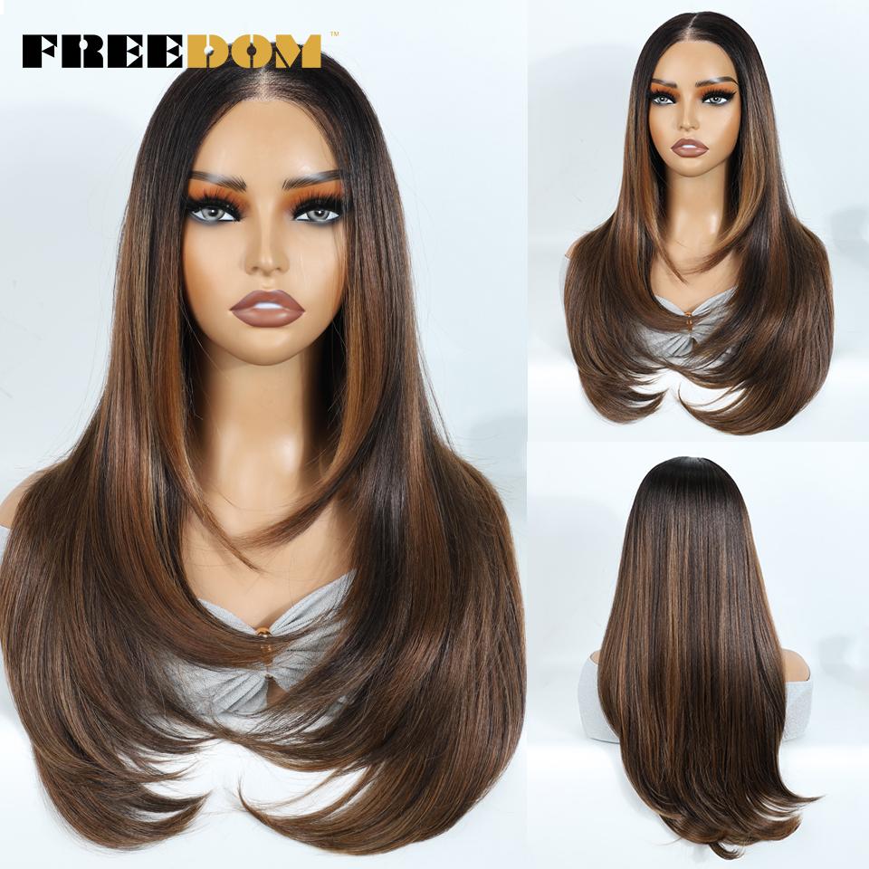 Syntetyczne peruki z koronką na przodzie dla czarnoskórej kobiety Warstwowe Proste Gotowe do noszenia Peruki bez kleju Ombre Brązowe T-Część i 6x4 Pre-plucked Wig
