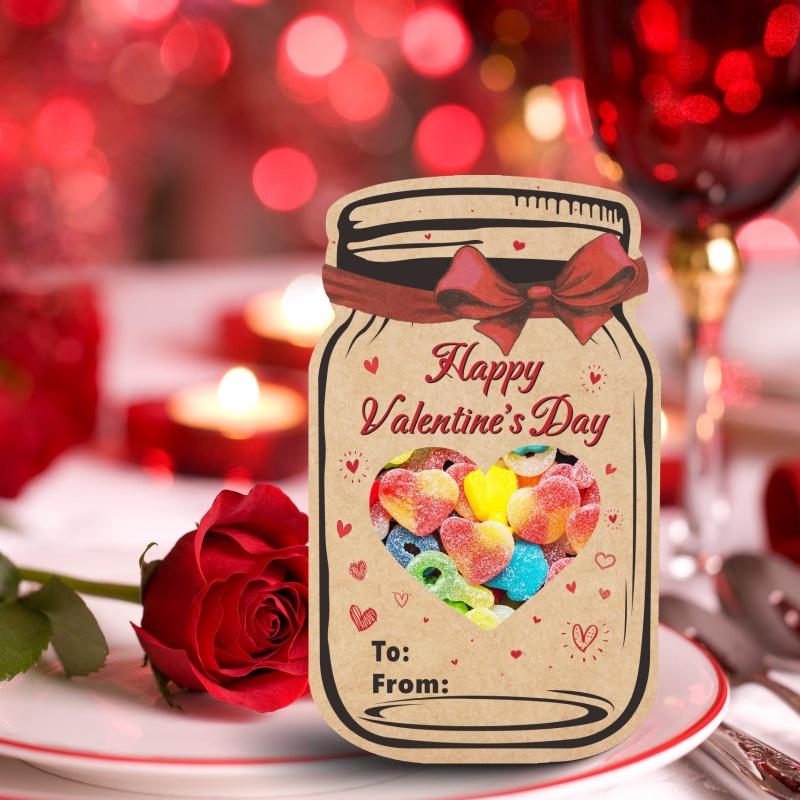 48Sets Valentines Day Cards Mason Jar Gift Cards with Treat Bags for Kids School