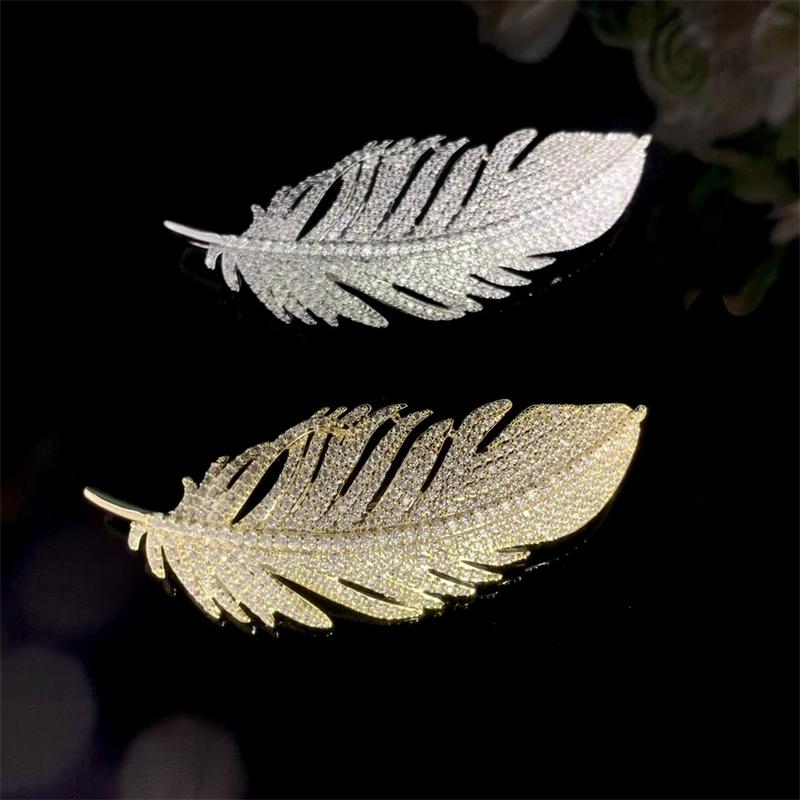 Long Feather Brooches for Women Full Rhinestone Wedding Jewelry Brooch Gold Silver Metal Brooches