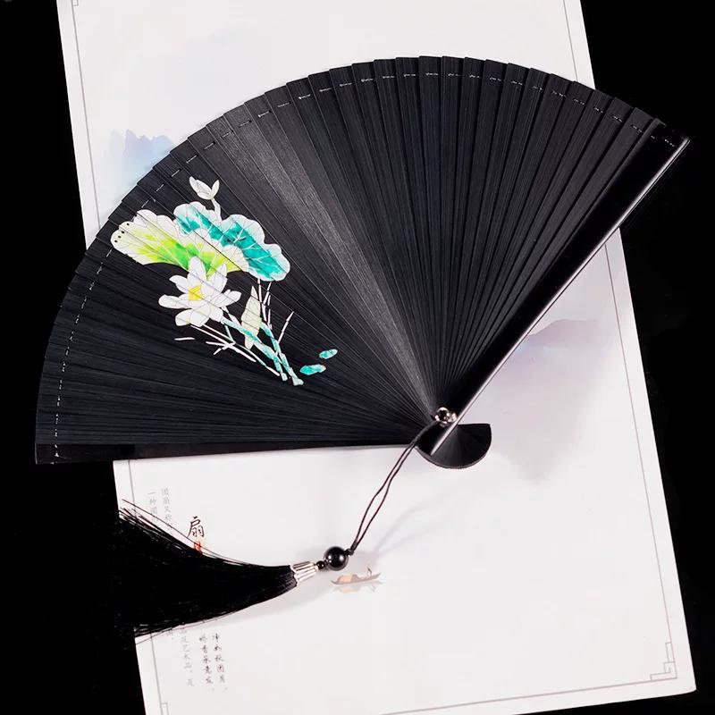 Bamboo Fan for Women, Traditional Style, Classical Black Folding Fan, Compact Hanfu Dance Fan, Portable Silk Cloth Fan