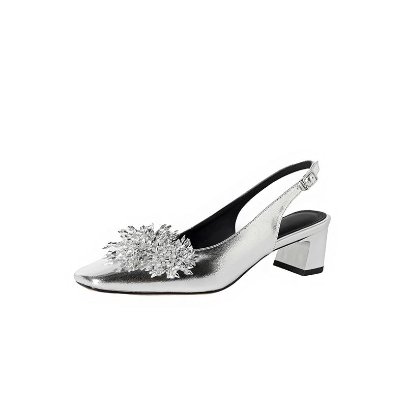 

Модная женская обувь из натуральной коровьей кожи с квадратным носком, на высоком каблуке с цветком и свободной пряжкой на мыске, сандалии Мюли, рабочая обувь 250 серебряный
