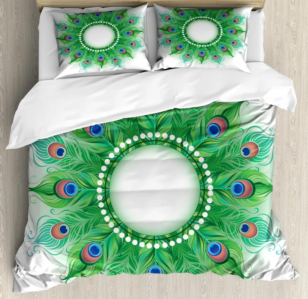 Mandala Duvet Cover Set Boho Lotus Flower Microcosm Motif Unique Retro Green Theme Double Queen King Size Polyester Qulit Cover