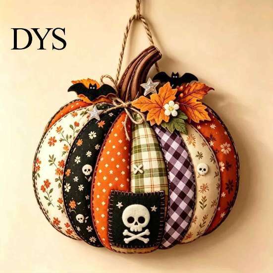 Cartello Appeso in Legno di Halloween Zucca Patchwork Appendiporta, Decorazione Casa Raccolta Autunnale con Foglie d'Acero Bacche, Parete Frontale Rustica Stagionale
