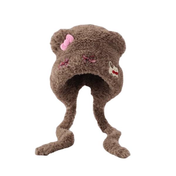 Cute Little Bear Ears Cat Bow Plush Hat for Women In Autumn and Winter Warm Ear Protection Lei Feng Hat Showing Face