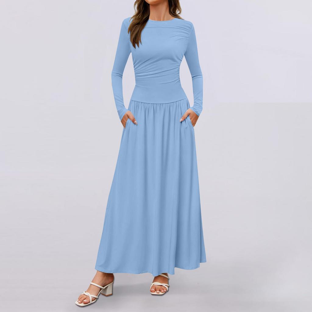 Lässiges, modisches Kleid mit Rundhalsausschnitt und langen Ärmeln für Damen