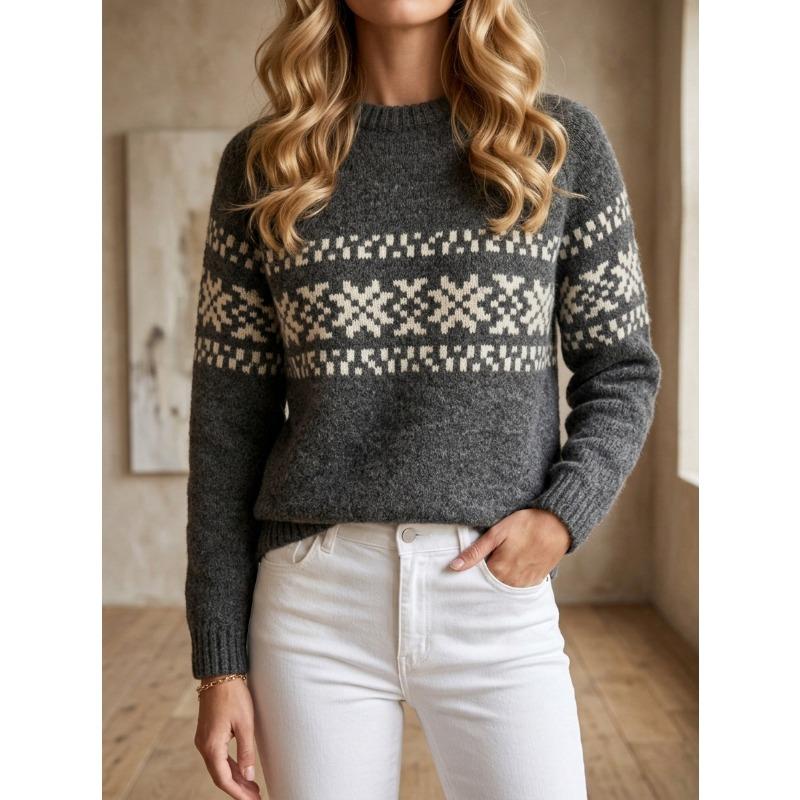 Women Vintage Geometric Jacquard Knit Sweater Raglan Crew Neck Loose Fit Casual Base Layer