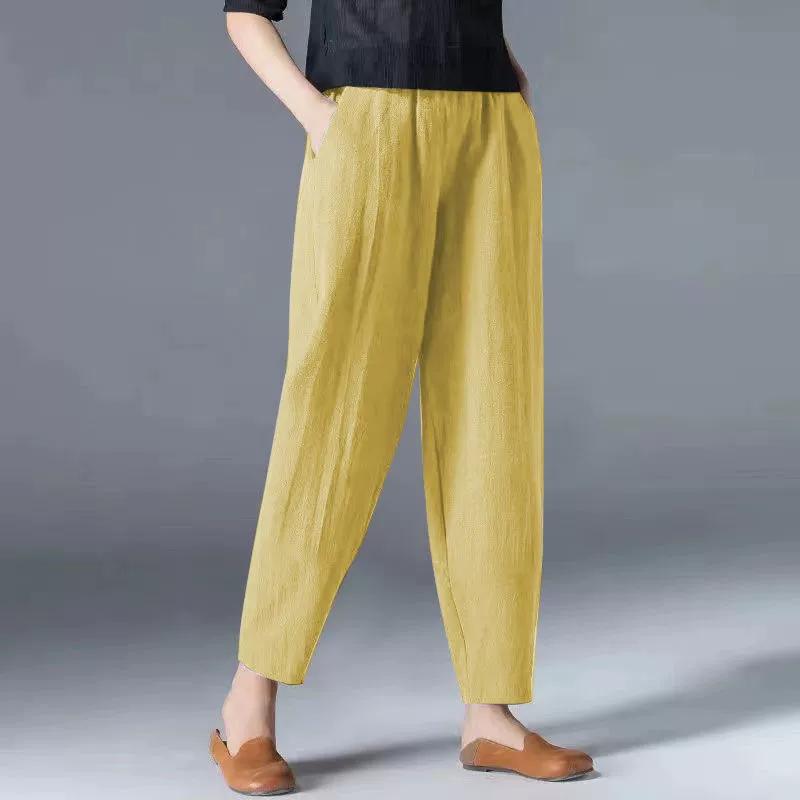 Women's Baggy Pants Cotton Linen Wide Leg Trousers Casual Elastic Waist Patchwark Harem Pants